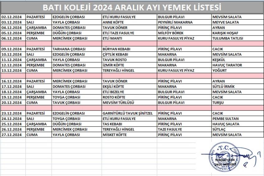 ARALIK AYI (2024) YEMEK LİSTESİ