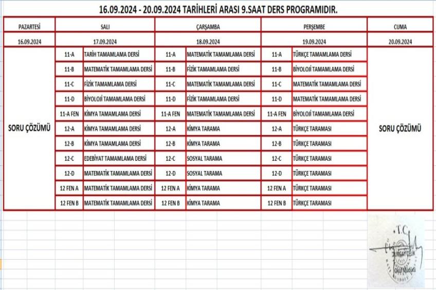 16.09. 2024 - 20.09.2024 9. SAAT DERS PROGRAMI