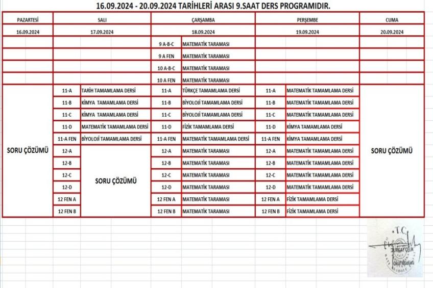 23-27 EKİM 2024 Tarihleri Arası Uygulanacak Programdır