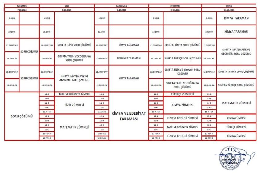 07 - 13 EKİM TARİHLERİ ARASI UYGULANACAK DERS PROGRAMIDIR